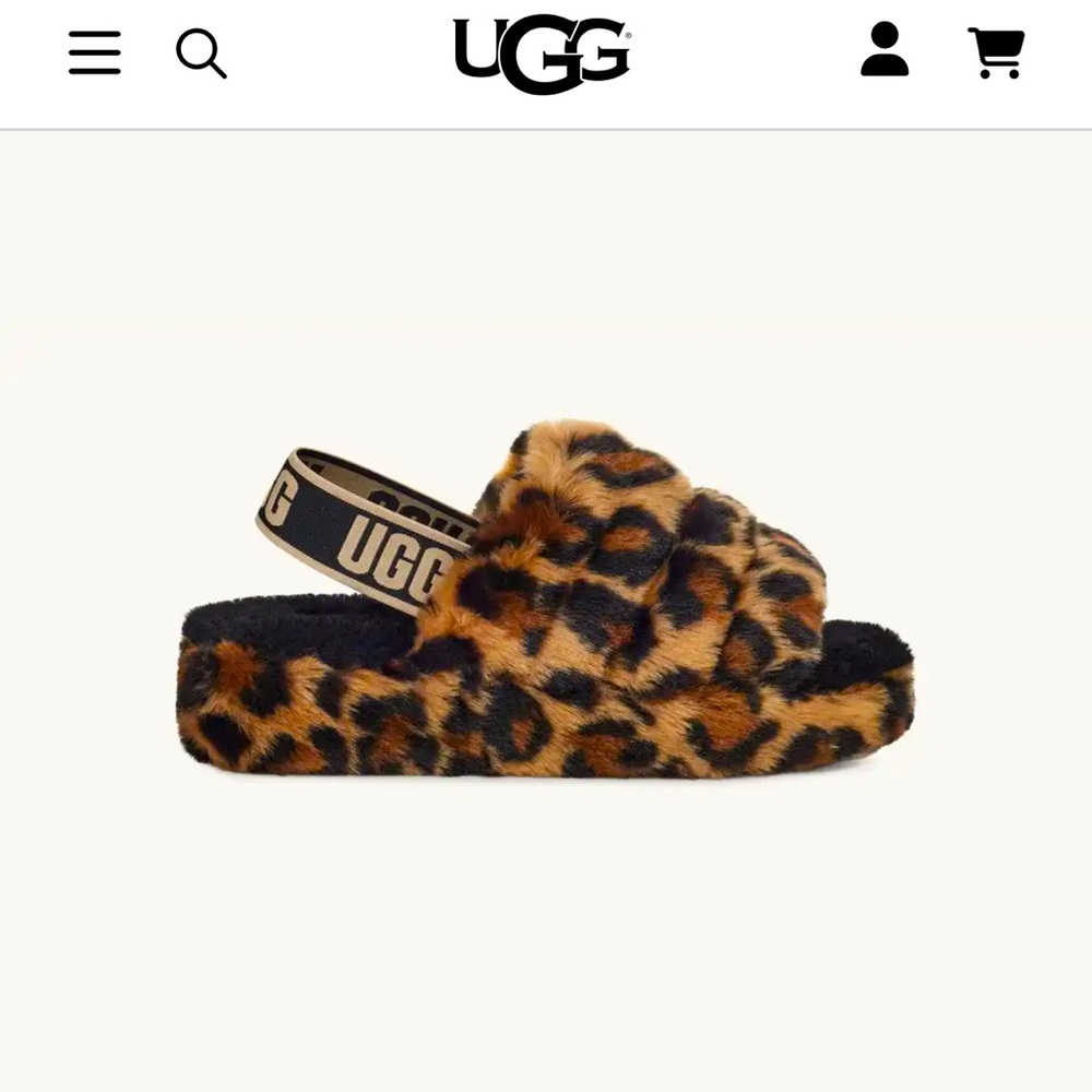 UGG Leopard-Print Fluff Slide with Logo Heel Strap in Brown/Black